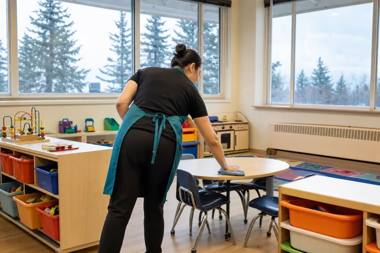 Cleaner sanitizing a low table in a bright Gresham daycare playroom after hours