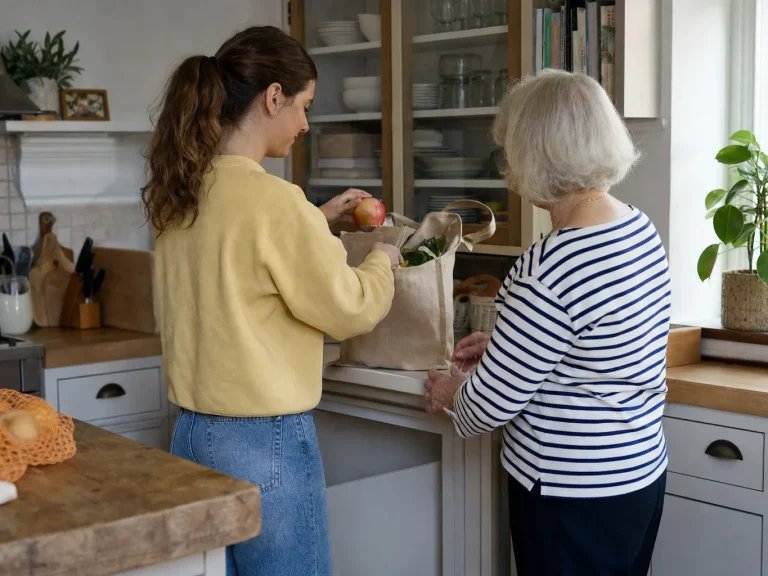 Non-medical home support helping a Gresham senior with groceries