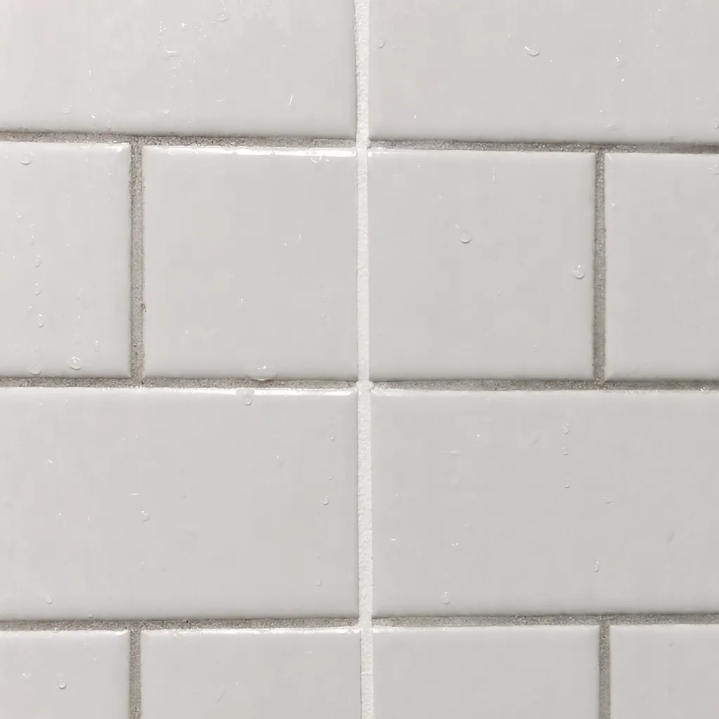 Shower wall grout half restored to white beside lines still gray with buildup