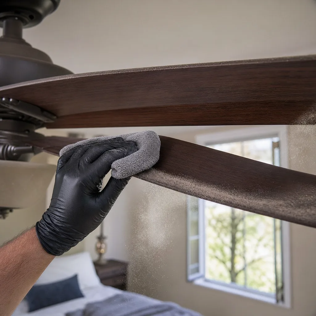 Microfiber cloth removing a winter's dust from a ceiling fan blade