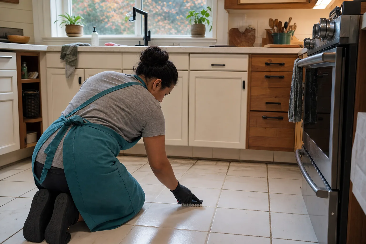 Cleaner scrubbing kitchen grout lines in a Gresham home, cleaned lines visibly lighter than the rest