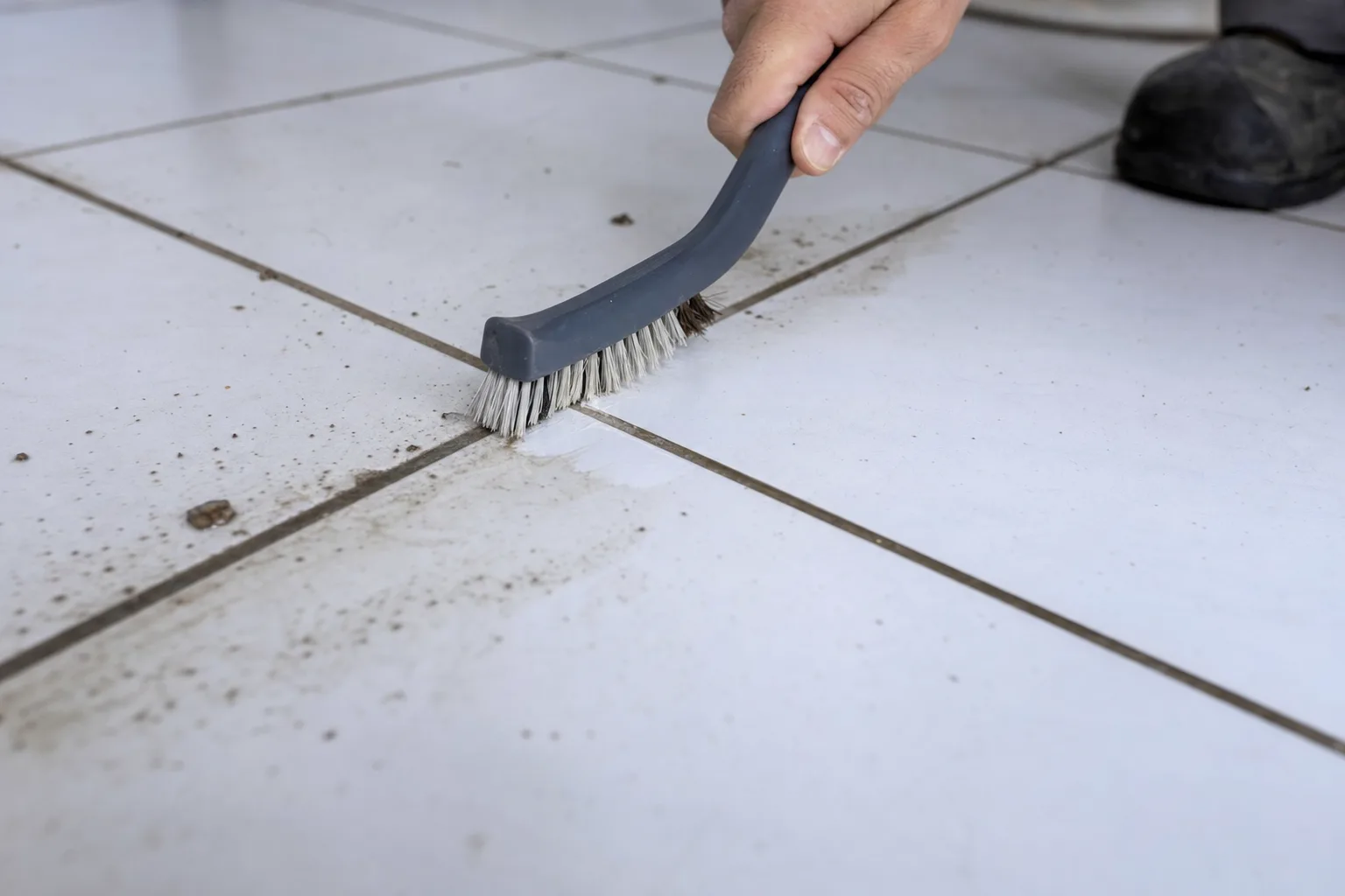 Restoring darkened grout lines on a tile floor with detail scrubbing
