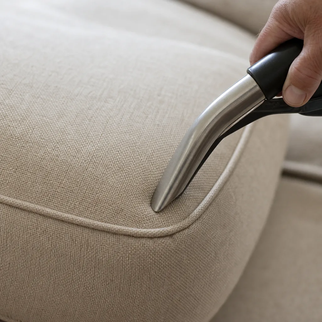Narrow tool detailing the piping seam of a freshly cleaned sofa cushion