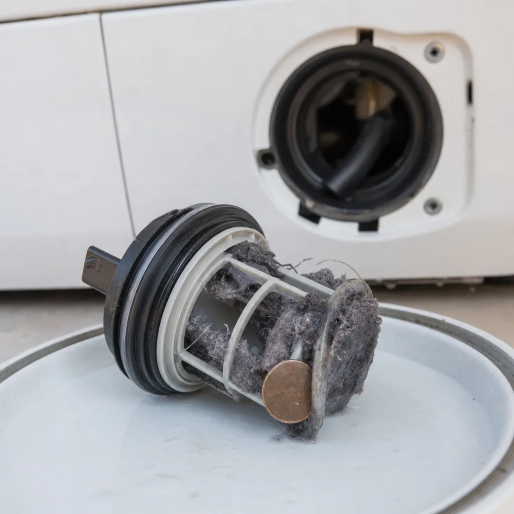 Washing machine drain pump filter removed with lint caught in the trap