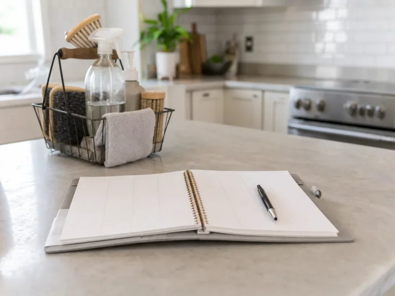 Blank weekly planner beside a cleaning caddy while choosing a house cleaning schedule