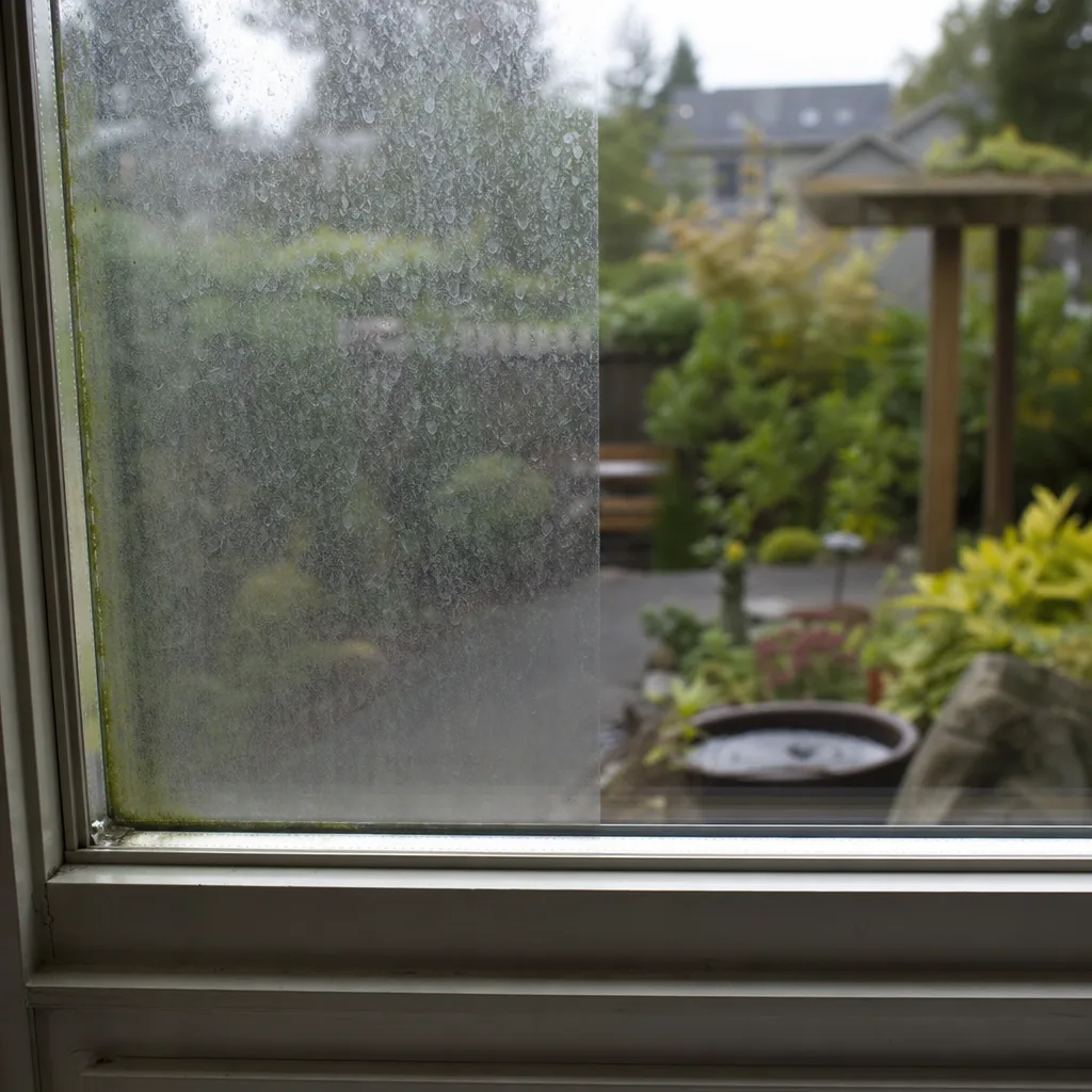 Exterior window pane half covered in hard water spots and half freshly cleaned