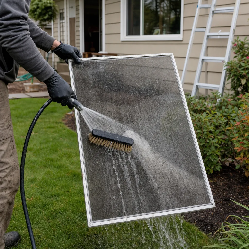 Gloved hands washing a removed window screen beside a house