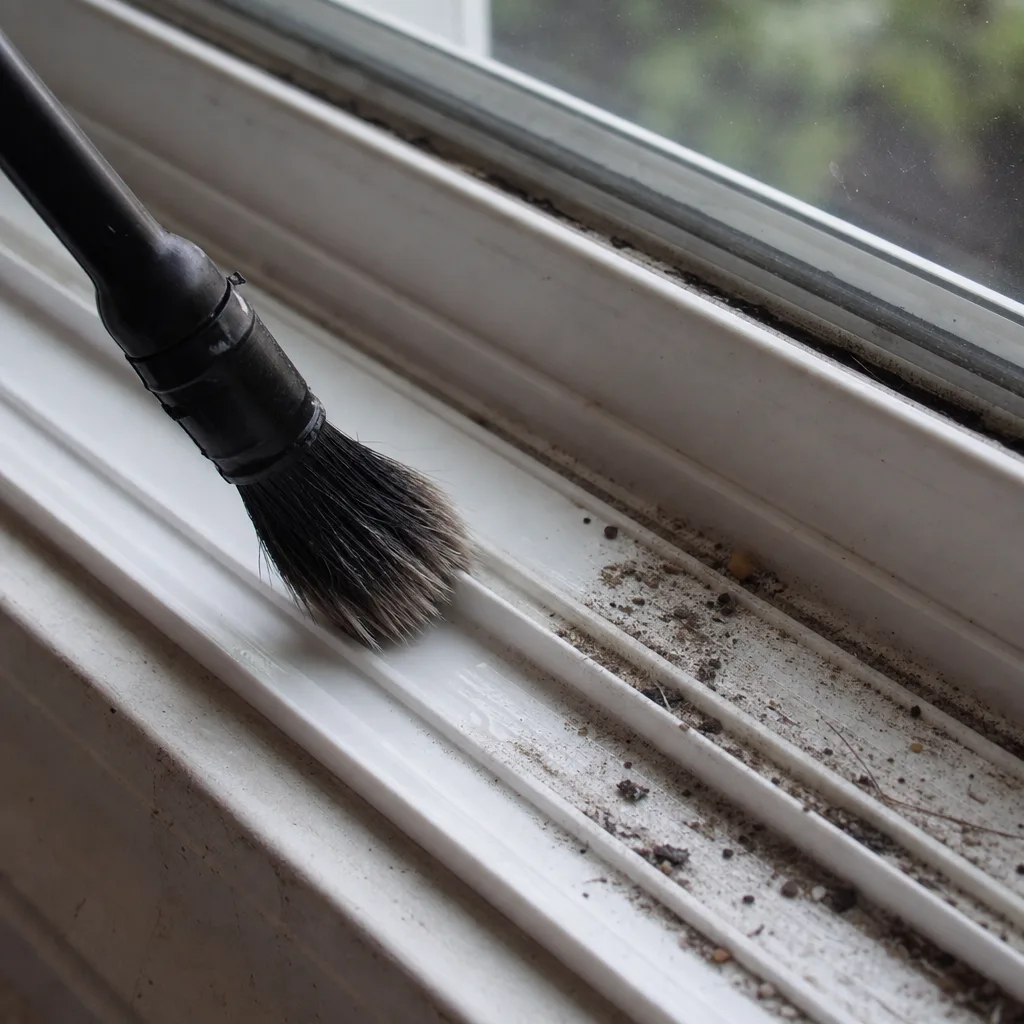 Detail brush cleaning grit out of a white window track